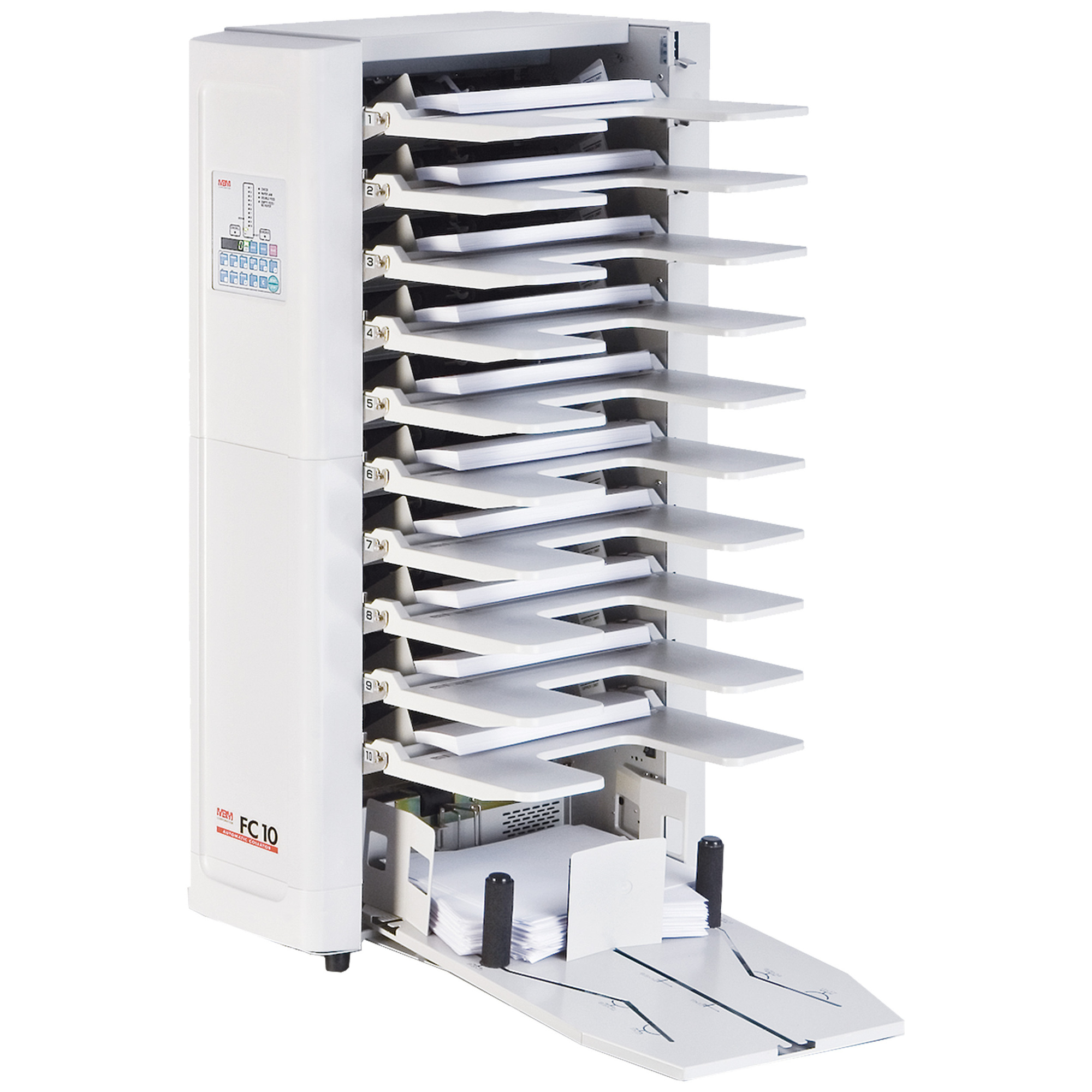 Ideal MBM FC10 Plus Friction Collator — 10-Bin, 275-Sheet Capacity Per Bin, 3,600 Sets/Hour, LED Display, Criss-Cross Stacking, Model# FC10 Plus